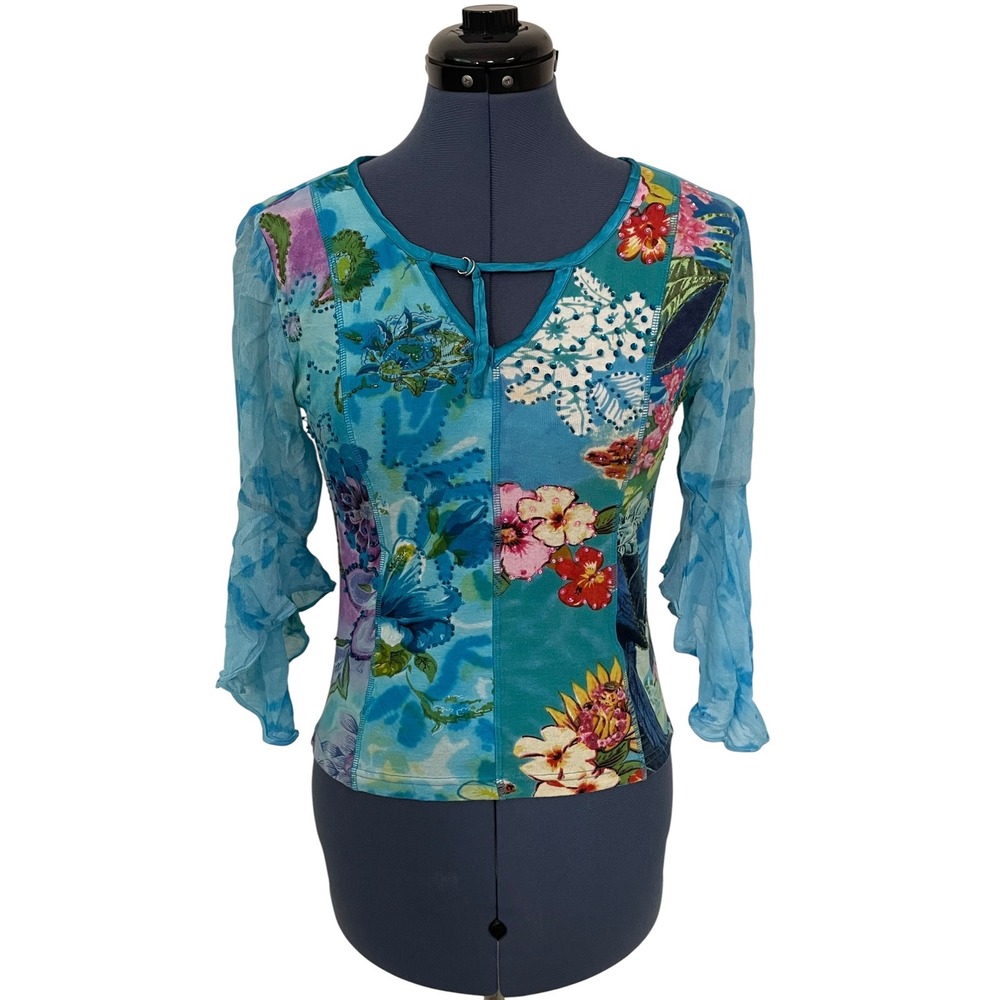 Forbidden Y2K Floral Patchwork Beaded Crop Top Sheer Ruffle Flare Sleeve Fairy S